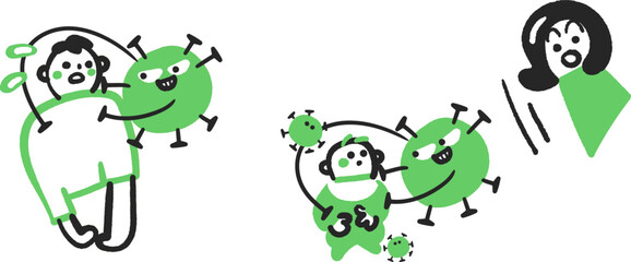 細菌に襲われておびえる人と最近に襲われている赤ちゃんをみて驚いている母親のイラスト素材のセット	
