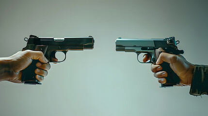 Two hands holding pistols in a standoff against a neutral background. Concept of arms race and conflict. - obrazy, fototapety, plakaty