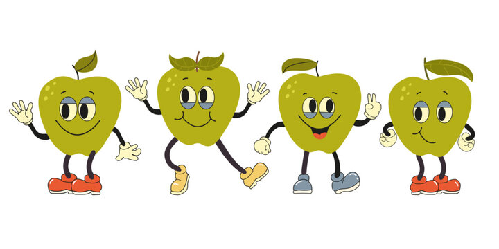 Set of retro cartoon apple characters in different poses and emotion. Nostalgia vector illustration.Vintage Smiling fruit mascot vector illustration.