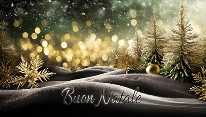 biglietto o striscione per augurare un Buon Natale in bianco e nero rappresentato da una collina nera con abeti color oro su sfondo nero e oro con cerchi in oro effetto bokeh