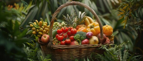 Fototapeta na wymiar A basket of freshly picked fruits and vegetables celebrating the bounty of the land