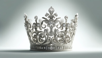 Elegant Silver Queen's Crown with Intricate Swirls and Jeweled Floral Motifs - obrazy, fototapety, plakaty