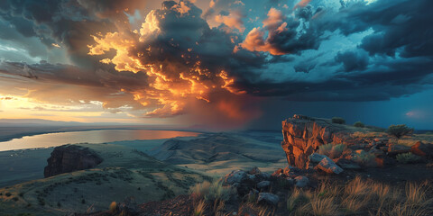 Digital painting of storm with fiery clouds unfolding above a peaceful highland lake, framed by rugged terrain.