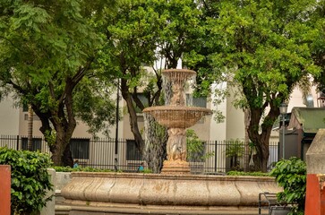Water fountain surrounded by green vegetation in Morazan Park San Jose, Costa Rica