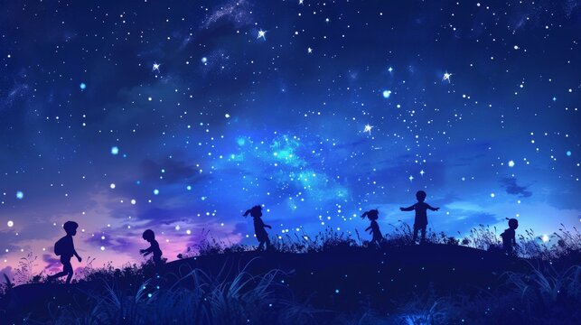 Indigo Children Gazing at a Starry Night Sky