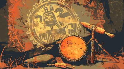 Shamanic Drum and Rattle with Ancient Petroglyphs