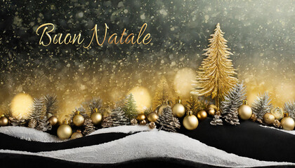 biglietto o striscione per augurare un Buon Natale in oro rappresentato da una collina innevata con abeti, palline di Natale oro e bianche e sullo sfondo un cielo nero e oro con glitter