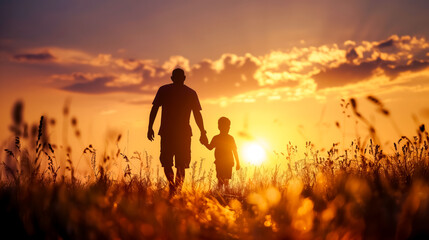happy fathers day photo with silhouette of dad and son walking in garden at sunset