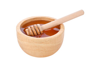 Honey in wooden bowl and Dipper on transparent png