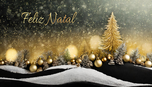 cartão ou banner para desejar um Feliz Natal em ouro representado por uma colina nevada com abetos, bolas de Natal douradas e brancas e ao fundo um céu preto e dourado com glitter