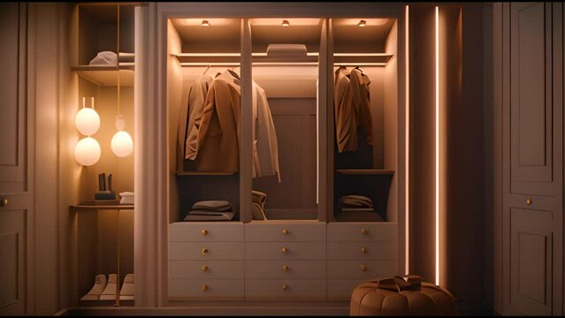 Modern wooden wardrobe with clothes hanging on rail in walk in closet design interior.Modern modular wardrobe concept. 