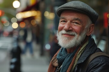 Portrait of an elderly man with gray beard in the city.