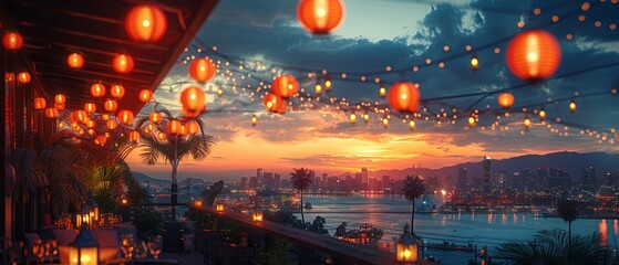 Fototapeta premium Casual Rooftop Party with City Views and Friends Gathering