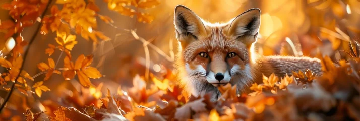 Foto auf Alu-Dibond Enchanting red fox in autumn foliage, photorealistic wide angle spotlight scene with glowing fur © RECARTFRAME CH