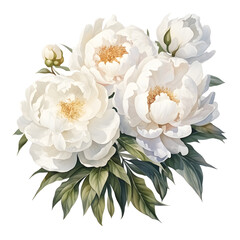 Watercolor floral illustration bouquet - white flowers, rose, peony, green and gold leaf branches collection. Wedding stationary, greetings, , fashion, white and transpart background.