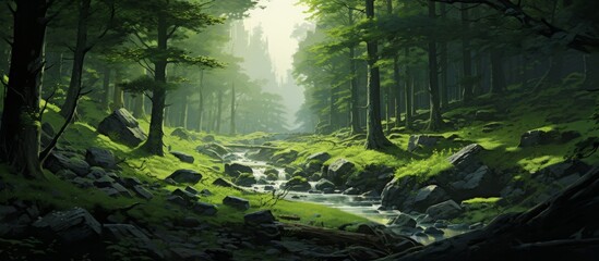 Tranquil painting of a meandering stream passing through a vibrant forest filled with lush greenery and rich foliage