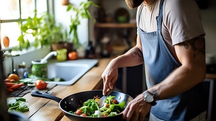 A man is cooking a healthy meal in the kitchen