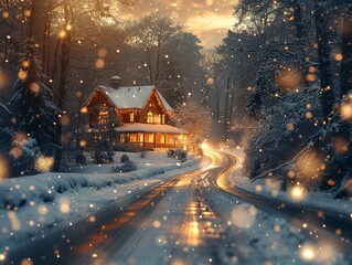 Cozy Winter Cabin with Blurred Snowflakes and Warm Lights