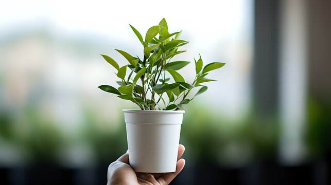 The photo shows a hand holding a small potted plant in front of