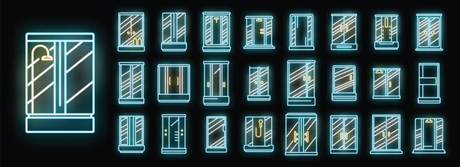 Shower stall icons set outline vector. Ceramic bathroom. Compact corner door neon color on black