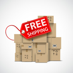 Cardboard boxes with free shipping label. Isolated on a white background. Stock vector illustration