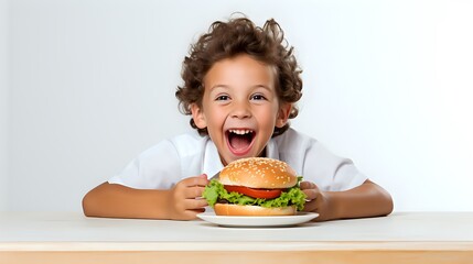 This child is very happy to eat a hamburger