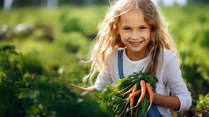 A young girl is harvesting carrots from a garden