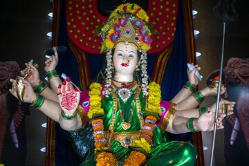 Idol of Maa Durga being worshipped at a Mandal in Mumbai, India, for Navratri
