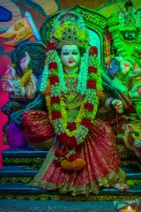Vertical shot of the beautiful idol of Maa Durga worshipped at a Mandal in Mumbai for Navratri