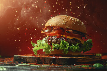 Big delicious hamburger with tomatoes and vegetables, cheese, and sauce on a red background.