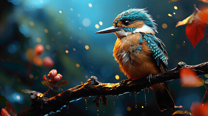 A tiny kingfisher perched on a branch overlooking a crystal-clear stream, ready to dive for its next meal. - obrazy, fototapety, plakaty