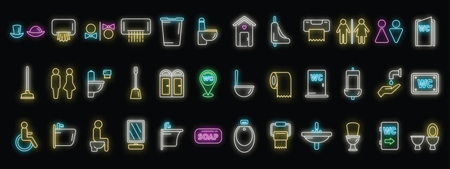 Wc icons set outline vector. Toilet sign. Bathroom toilet neon color on black - obrazy, fototapety, plakaty