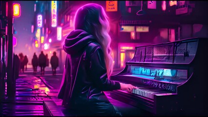Dreamy Girl playing on an old piano in street at night. Joyful Street musician girl. Street music performance.  - Powered by Adobe
