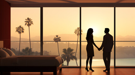 A couple silhouette is standing in front of a window at hotel suite, holding hands, lake and sunset view 