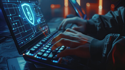 visualized cyber security, a person sitting at a laptop with a lock on screen, computer and technology