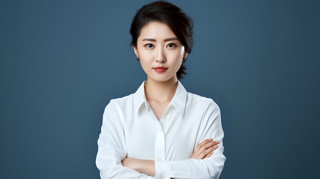 A young Asian woman in a white shirt poses with her arms crossed