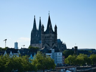 Fototapeta na wymiar Skyline of Catholic Cathedral of Cologne in North Rhine-Westphalia, Germany against the blue sky