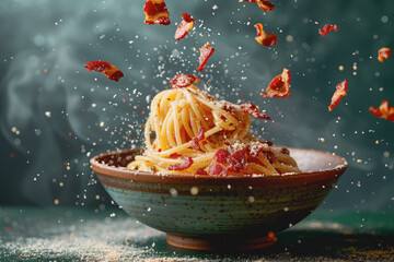Pasta Carbonara. Spaghetti with pancetta, eggs, Parmesan cheese and cream sauce, Italian food