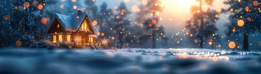 Cozy Winter Cabin with Blurred Snowflakes and Warm Lights