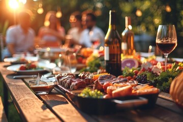 Summertime Feast, A Joyous Backyard Barbecue With Friends in the Golden Hour - obrazy, fototapety, plakaty