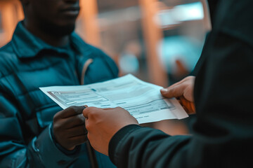 Worker handing visa application to man  - obrazy, fototapety, plakaty