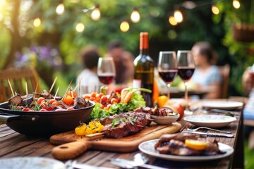 Fototapeta na wymiar Summertime Feast, A Joyous Backyard Barbecue With Friends in the Golden Hour
