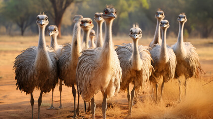 Group of Emu birds in the meadow.