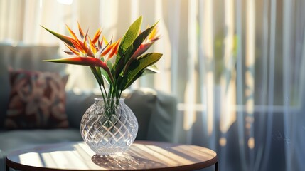 Beautiful bird of paradise flower arrangement in a crystal vase