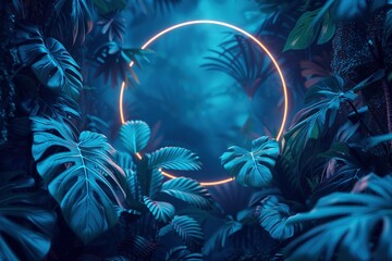 Fototapeta na wymiar Digitally manipulated image: A glowing light blue neon frame surrounds tropical leaves on a dark background, evoking a junglepunk aesthetic