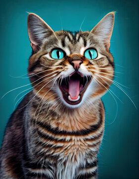 Captivating Close-Up of a Domestic Cat Mid-Meow in a Vibrant Studio Setting