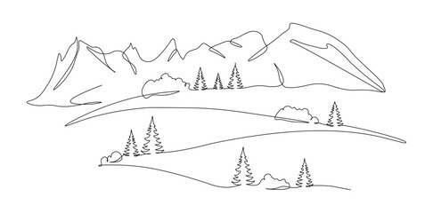 Mountain landscape with fir trees. Illustration in one continuous line. Minimalistic hand drawing. Single line panoramic sketch. Forest landscape silhouette. Vector illustration on white background.