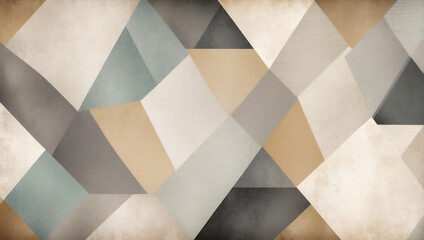 A geometric abstract background pattern composed of intersecting triangular shapes in muted shades of beige, gray, and blue, creating a visually intriguing design