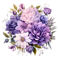 Illustration Bouquet of purple flowers, watercolor purple floral, rose, peony, dahlia, Isolated on transparent background. Generative AI