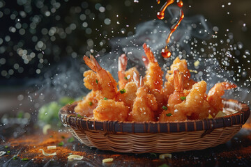 Delicious crispy tempura shrimp with oil splashes on a basket plate with a blurred background.